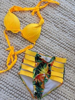 Yellow Bikini Set with Tropical High-Waist Bottoms